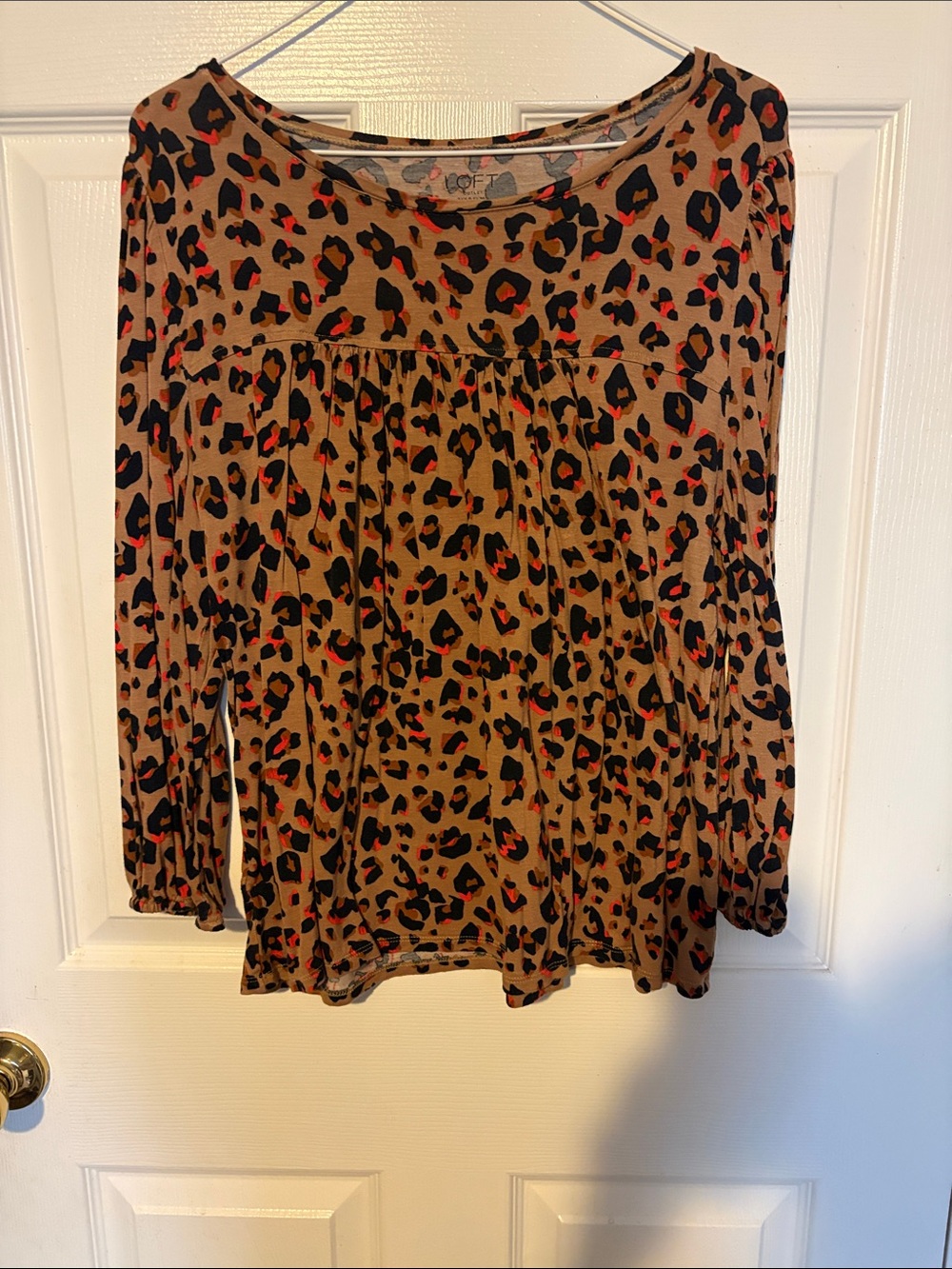 LOFT Leopard Print Long Sleeve Top in Tan with Black and Red Spots
